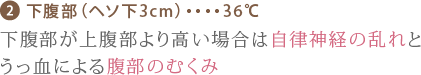 下腹部（ヘソ下3cm）・・・・36℃下腹部が上腹部より高い場合は自律神経の乱れと
うっ血による腹部のむくみ
